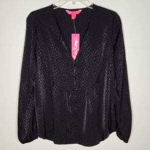 Lilly Pulitzer NWT Hensley Top Blouse Leopard Jacquard Black Whimsigoth Small